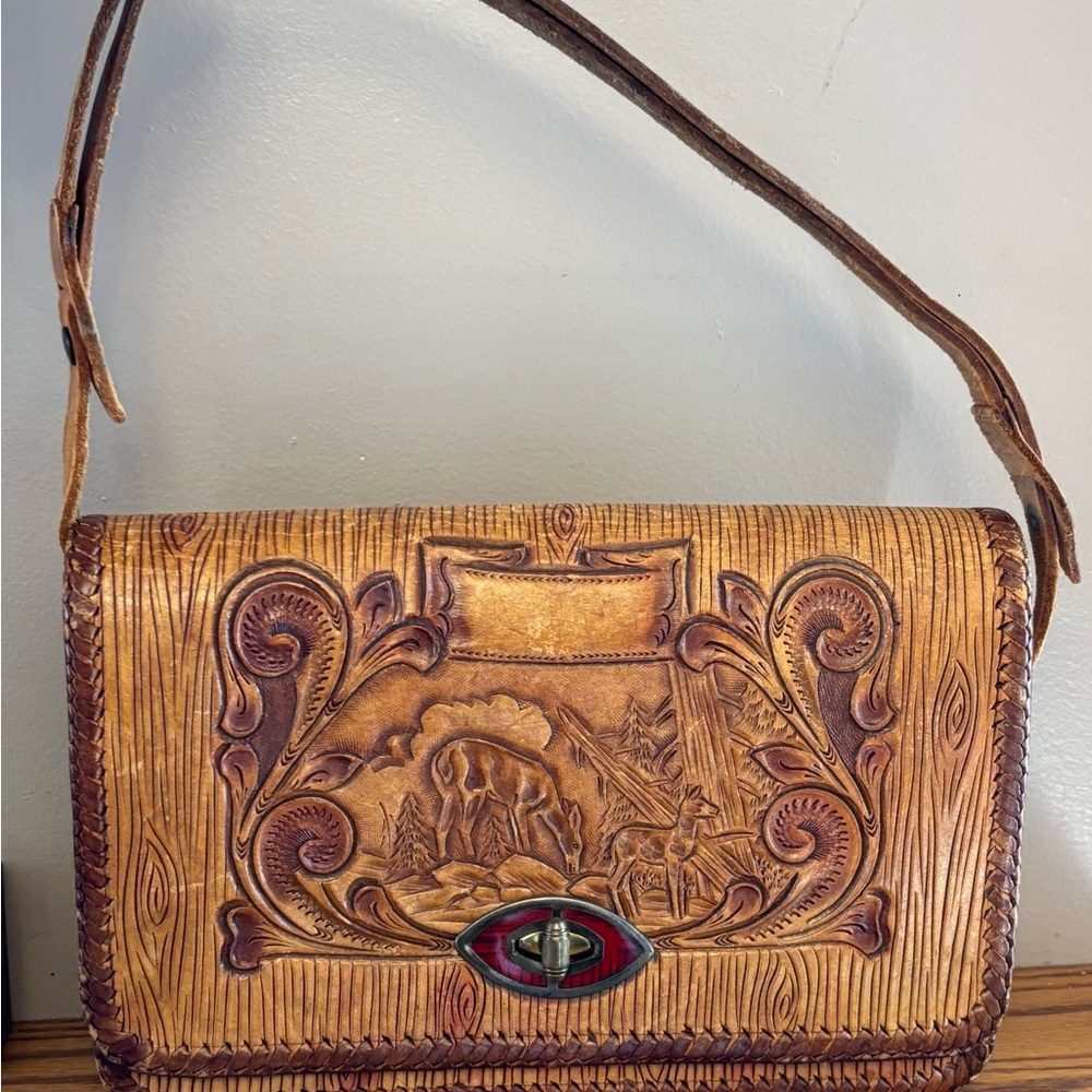 Vintage Tooled Leather Clutch with Deer Design - Picture 2 of 8
